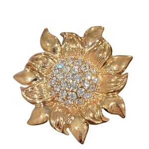Vintage Signed Roman Sunflower Gold tone and Rhinestone Brooch Pin